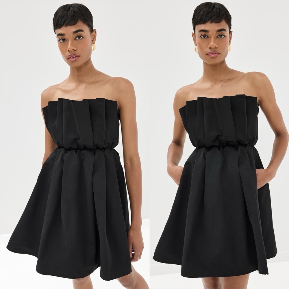 STAUD Cordelia Pleated Strapless Mini Dress Black Pockets Corset Size Medium - Picture 15 of 16